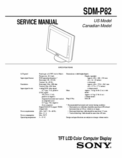 Sony SDM-P82 SDM-P82 TFT LCD Color Computer Display Service Manual
